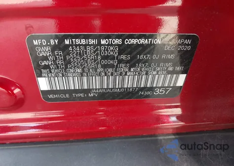 2021 Mitsubishi Outlander Sport 2.0 Be Awc/2.0 Es Awc/2.0 Le Awc/2.0 Se Awc z USA, uszkodzony, nr VIN JA4ARUAU5MU011877